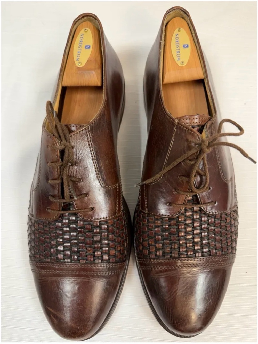JOHNSTON & MURPHY BROWN WOVEN LEATHER SHOE FORMS OXFORDS GRANDPA CORE SZ 11